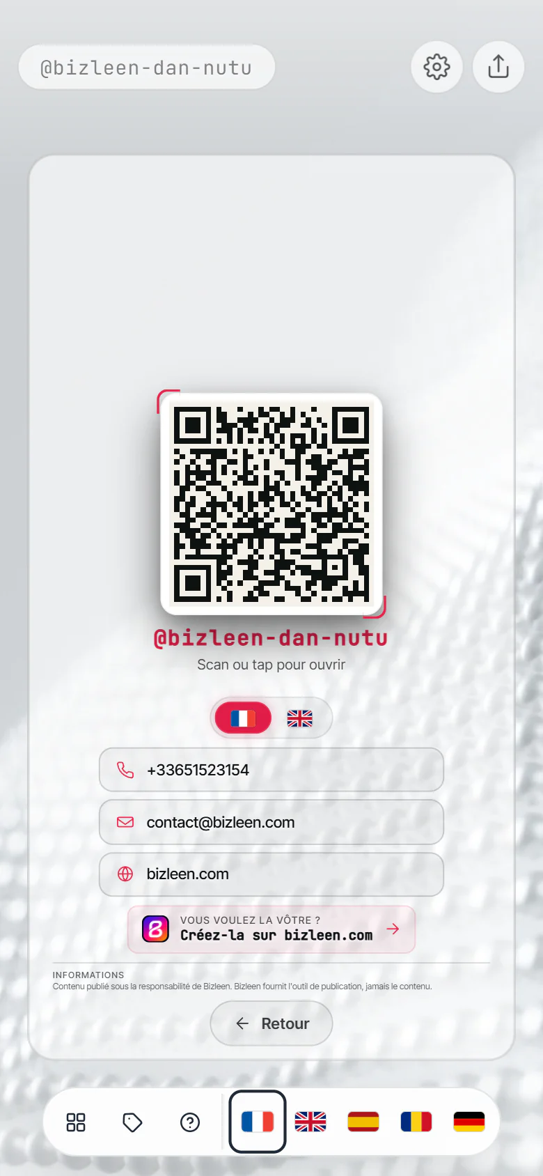 Le dos de la carte numérique de Dan Nutu : son QR code, son téléphone, son courriel et bizleen.com