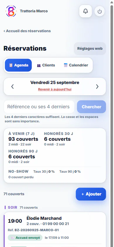 Bizleen Orbit sur un téléphone : les réservations du soir d’un établissement de démonstration