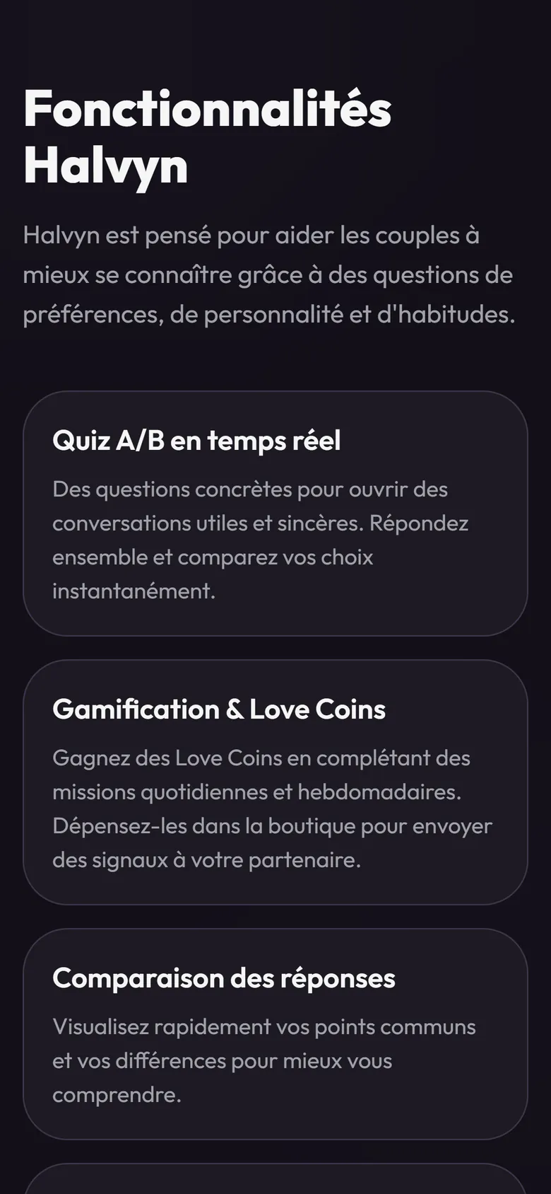 Les fonctionnalités de Halvyn sur un téléphone : le quiz A/B en temps réel, les Love Coins, la comparaison des réponses