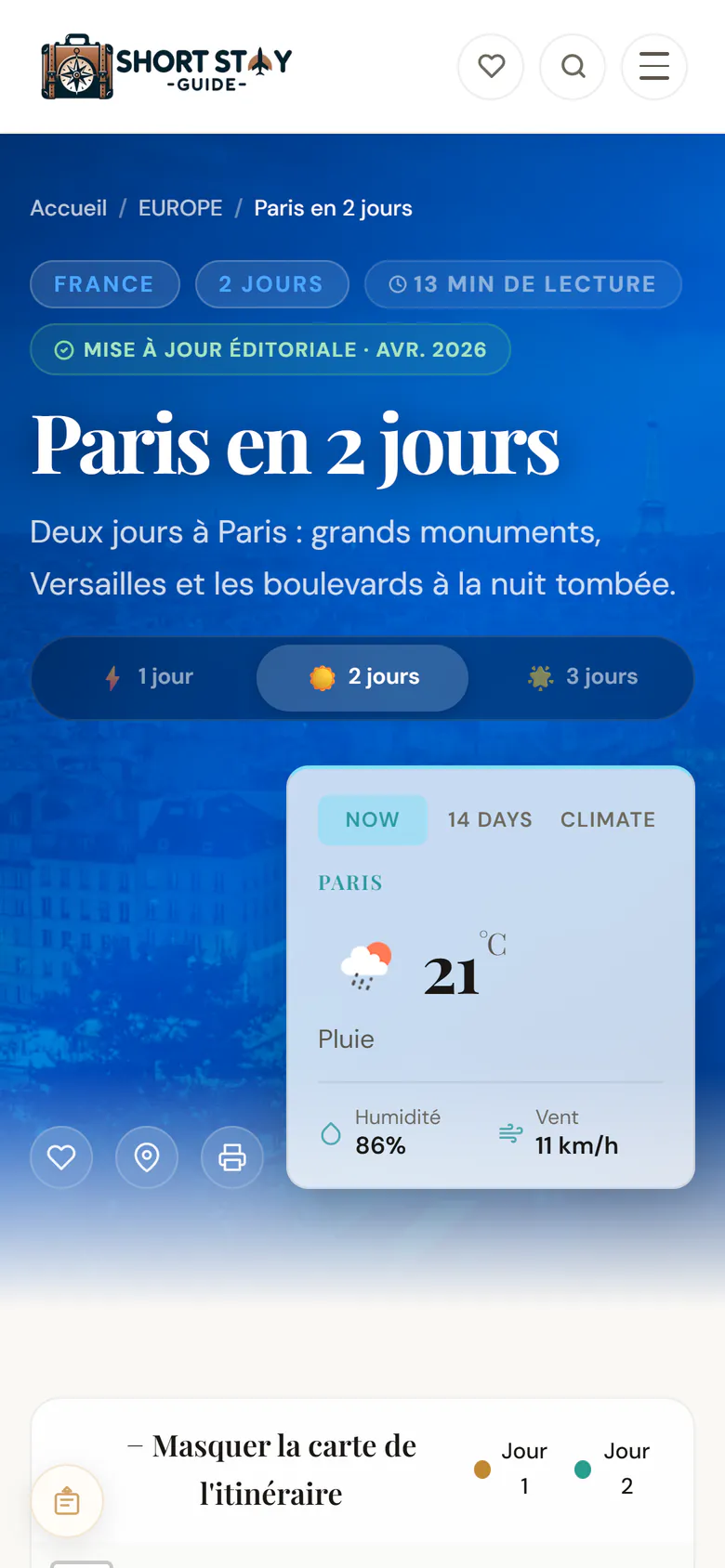 Le guide « Paris en 2 jours » de ShortStayGuide sur un téléphone : le choix de la durée et la météo de Paris